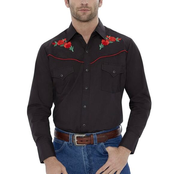 Men's Ely Cattleman Long Sleeve Western Snap Shirt with Rose Embroidery Large - Picture 1 of 11